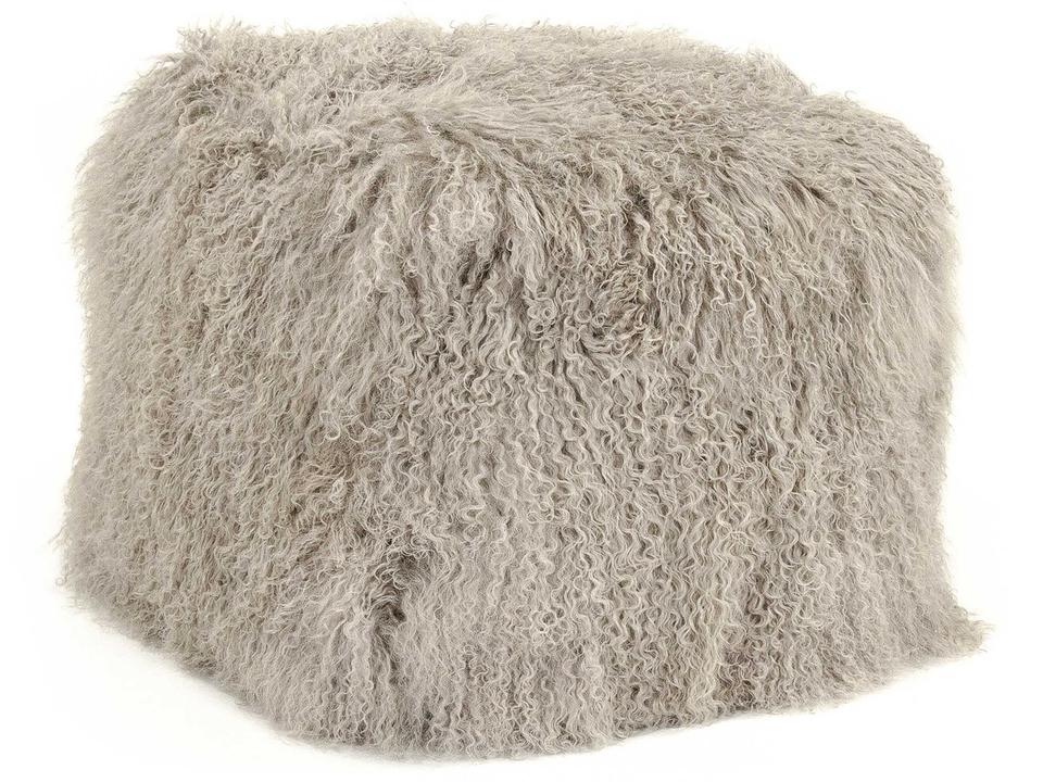 Tibetan Lamb Fur Ottoman in Light Grey